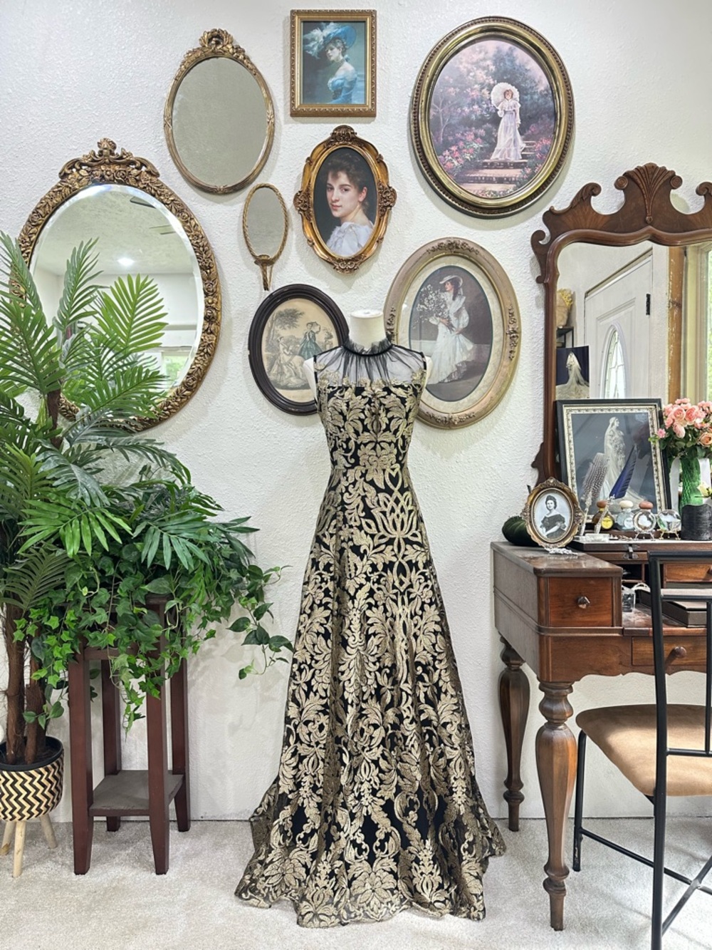 Alex Marie Black and Gold Floral Lace Maxi Dress